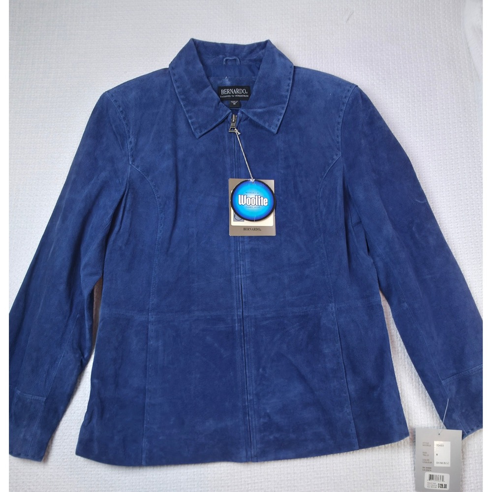 Bernardo Suede Jacket Women M China Blue Leather Zip Front 70493 NWT